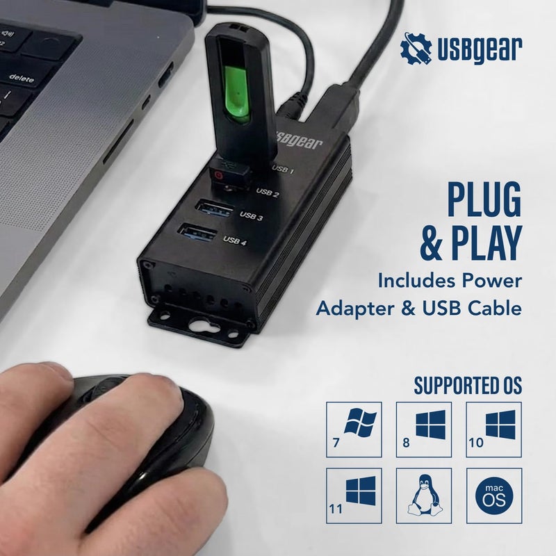 USBGear 4 Port USB Hub 3.2 Gen 1 â€“ Mountable SuperSpeed Data Hub with USB Ports for Laptop, PC, Desktop, and More, 5V/2A Power Adapter with Type-A to Type-B Cable (3ft), Computer Accessories - Image 2